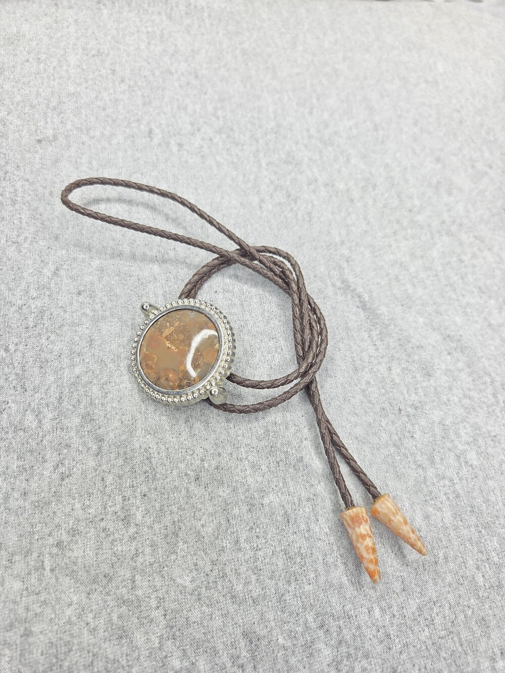 Vintage Jasper Stone Bolo Tie Southwestern Silver Tone Bezel Braided Cord